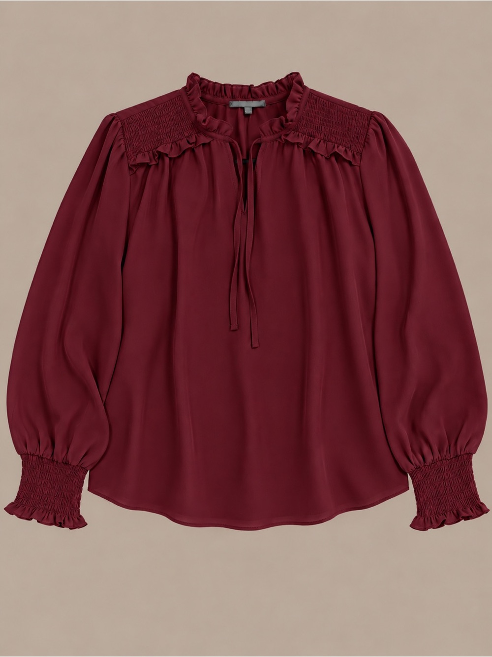 Adrianna Papell Ruffled Smocked Yoke Blouse - Burgundy